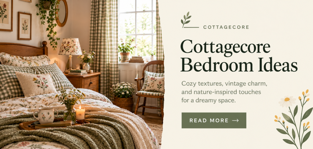 Cottagecore aesthetic bedroom with floral bedding and vintage decor