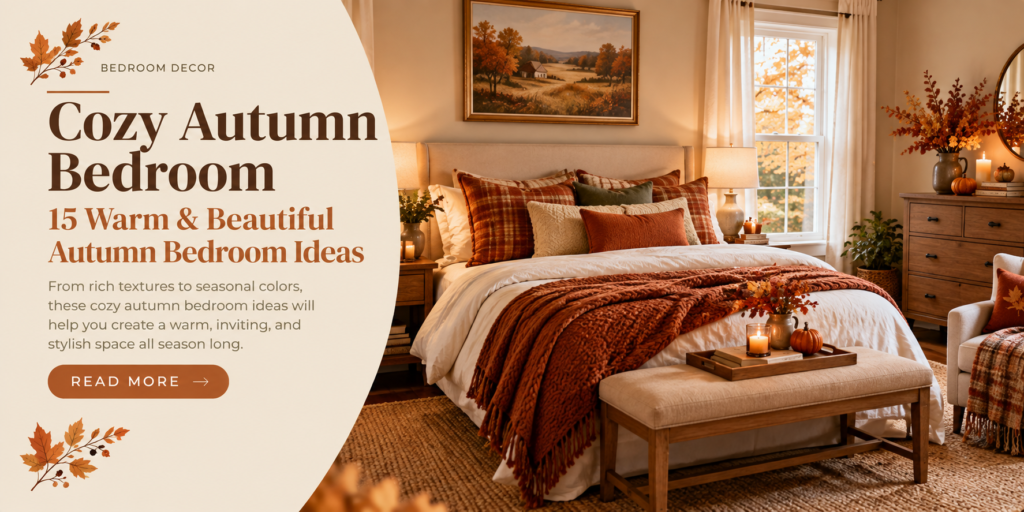 Cozy autumn bedroom with warm bedding and earthy decor
