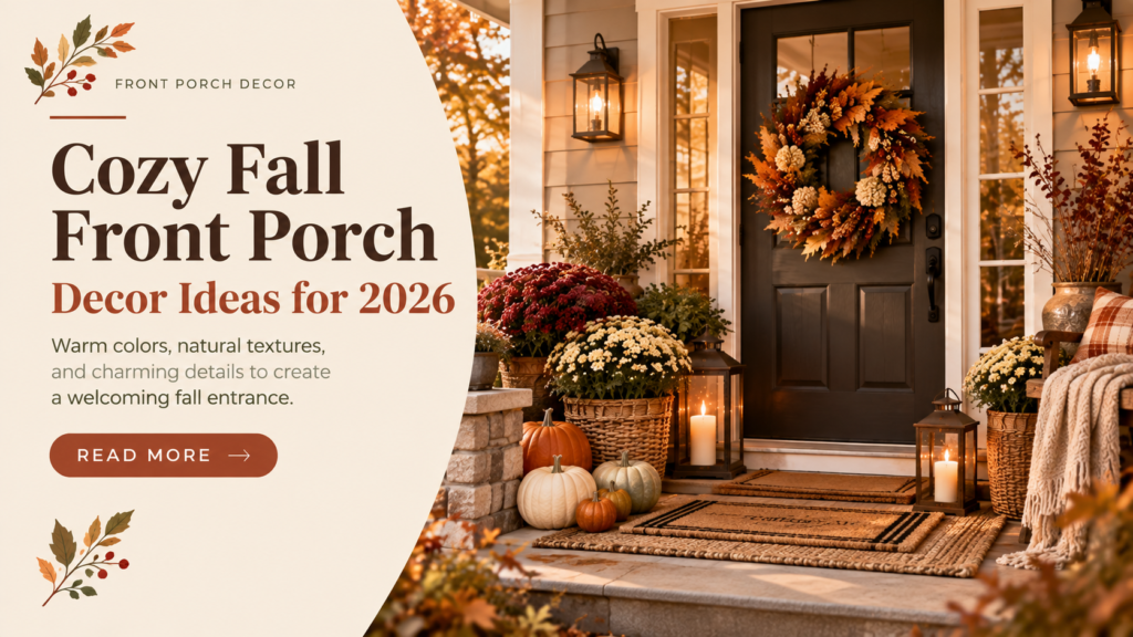 Cozy fall front porch with pumpkins, wreath, mums, and warm autumn decor