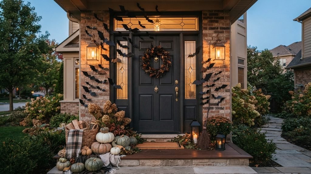 Flying black bats on a Halloween front door