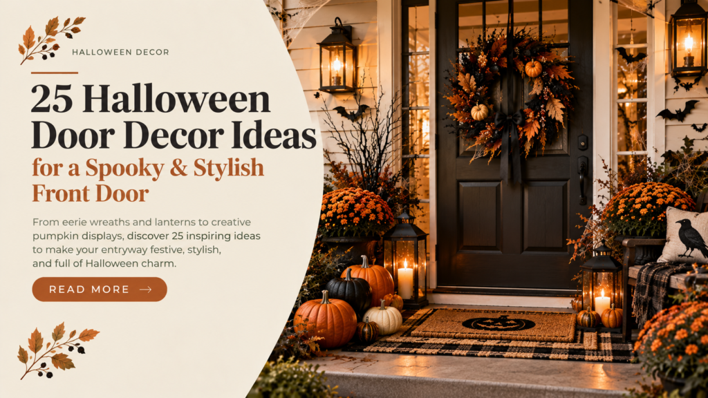 Halloween door decor ideas with pumpkins and spooky wreath