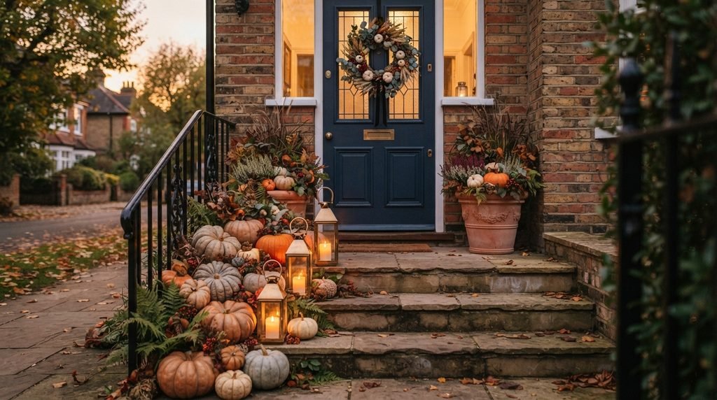 Pumpkins and lanterns decorating front steps for Halloween
