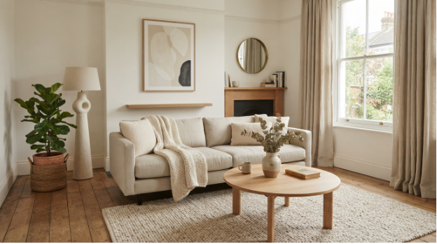 Aesthetic minimalist home decor with neutral colours and natural textures
