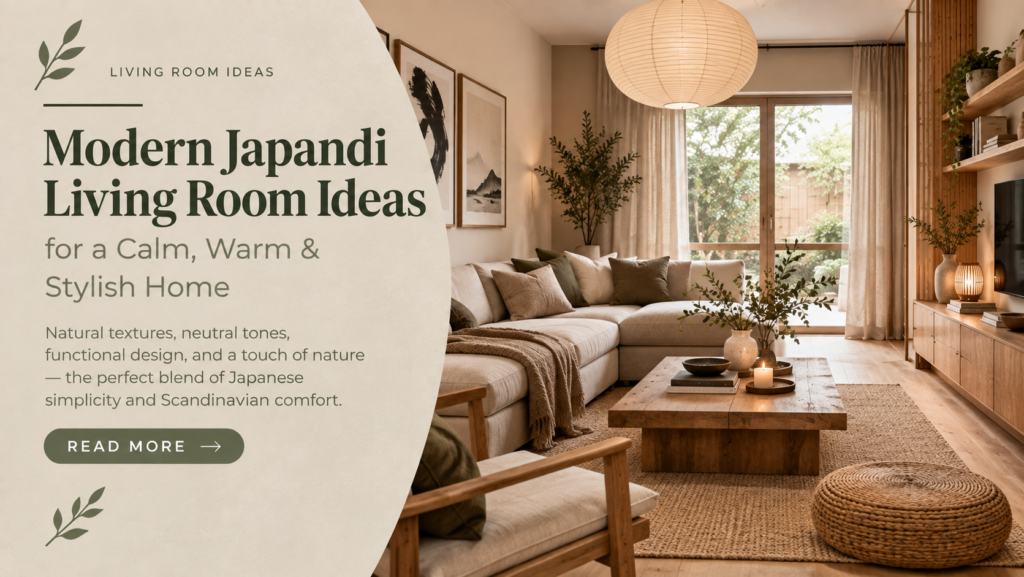 Modern Japandi living room with natural wood furniture and warm neutral decor