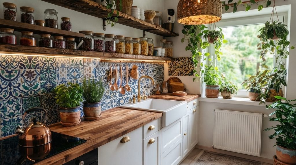 Warm boho kitchen with natural wood, plants and rattan lighting