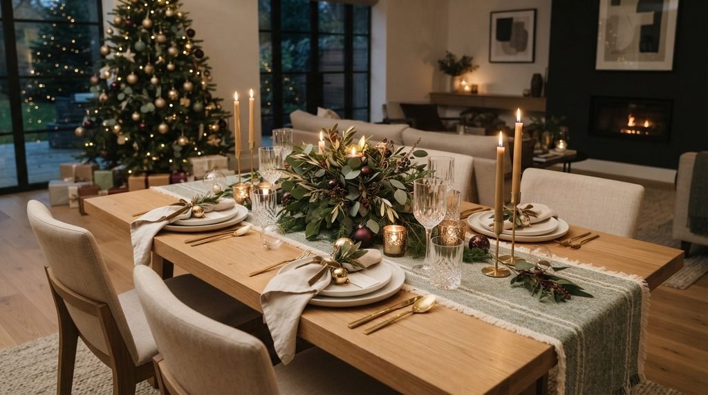 Modern Christmas table decor with sage green, ivory and brass accents