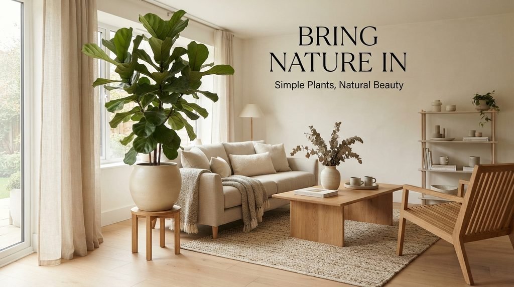 Modern Japandi living room with a large indoor plant, natural wood furniture and neutral decor