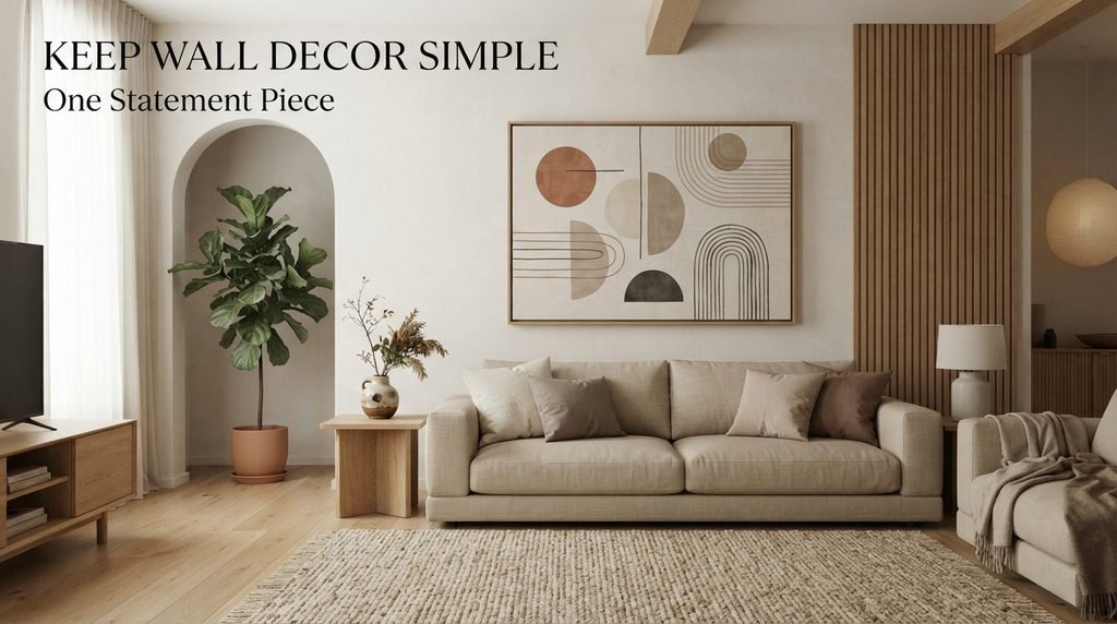 Modern Japandi living room with large statement artwork, wooden wall panelling and neutral decor