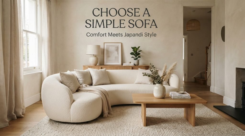 Low-profile cream sofa in a modern Japandi living room with natural wood and neutral decor
