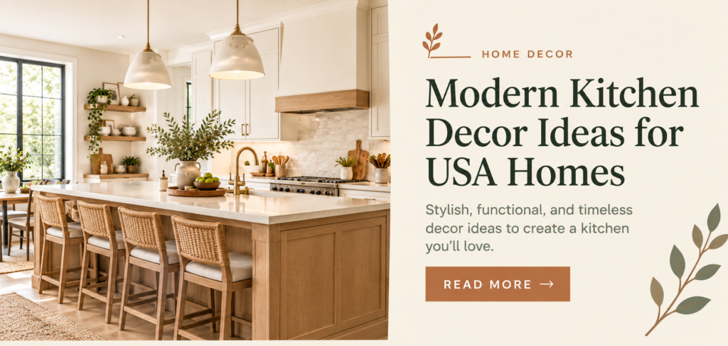 Modern kitchen decor ideas for USA homes with stylish cabinets and kitchen island