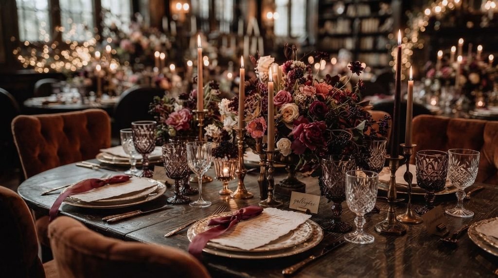 Modern vintage wedding reception table with flowers and candles