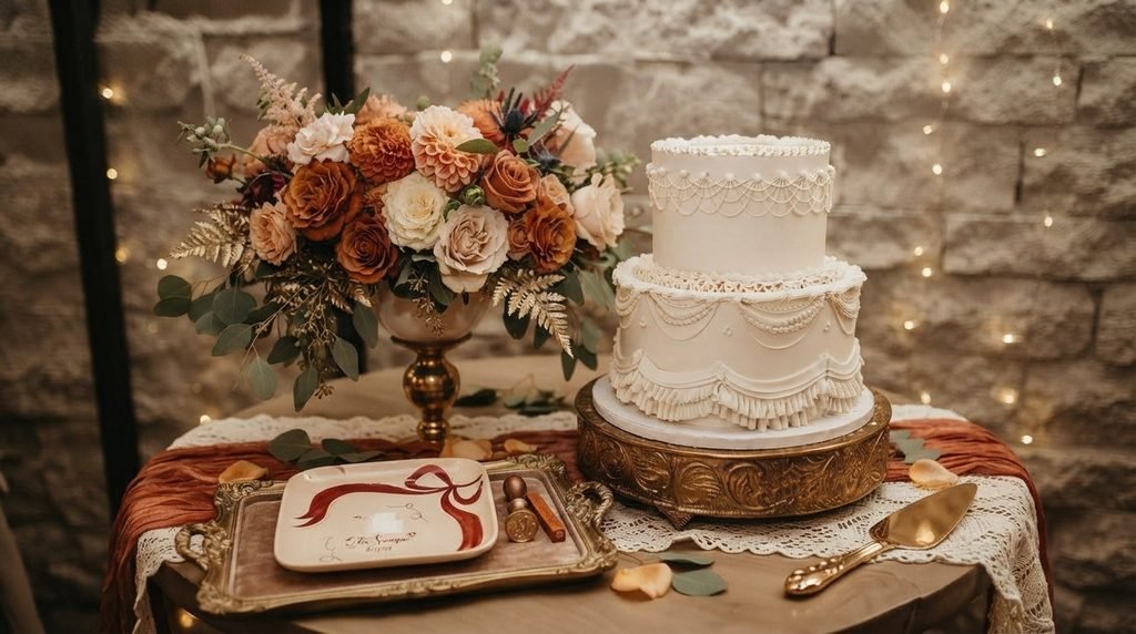 Modern vintage wedding cake with floral details