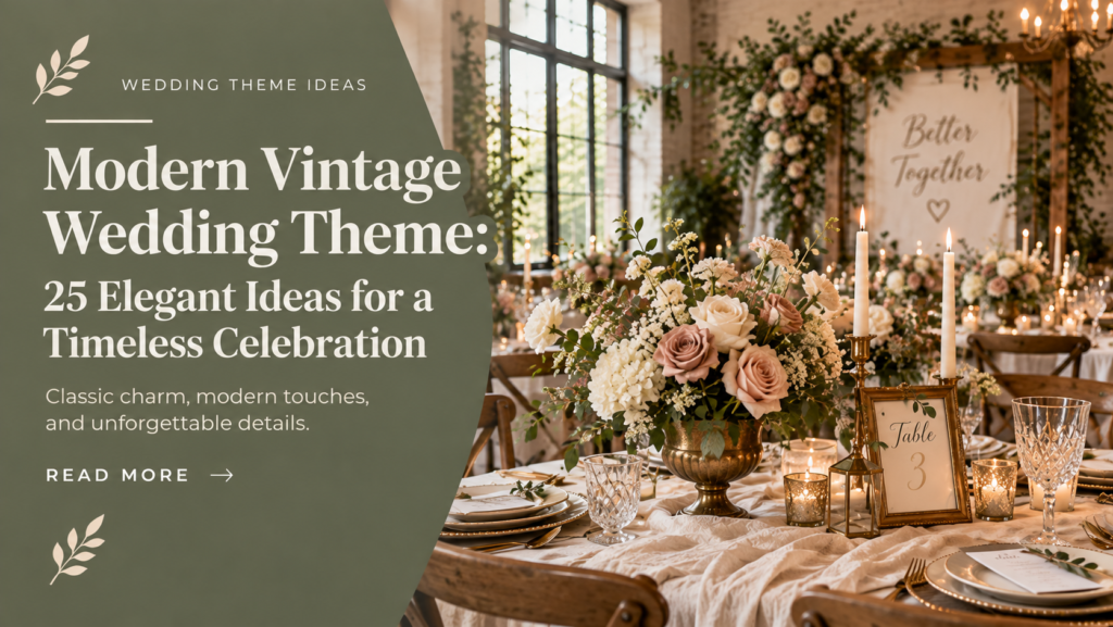 Modern vintage wedding reception with romantic flowers and vintage decor