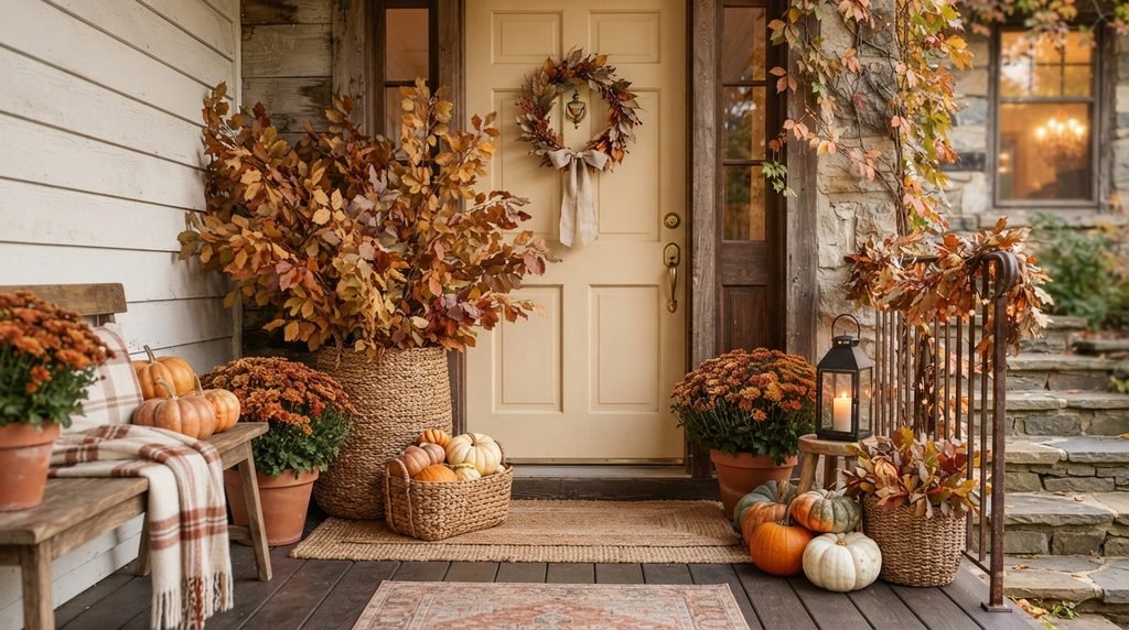 Natural autumn foliage decorating a fall front porch