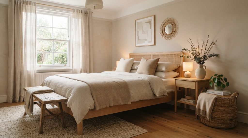 Cozy bedroom with natural wood, woven basket, plants and neutral decor
