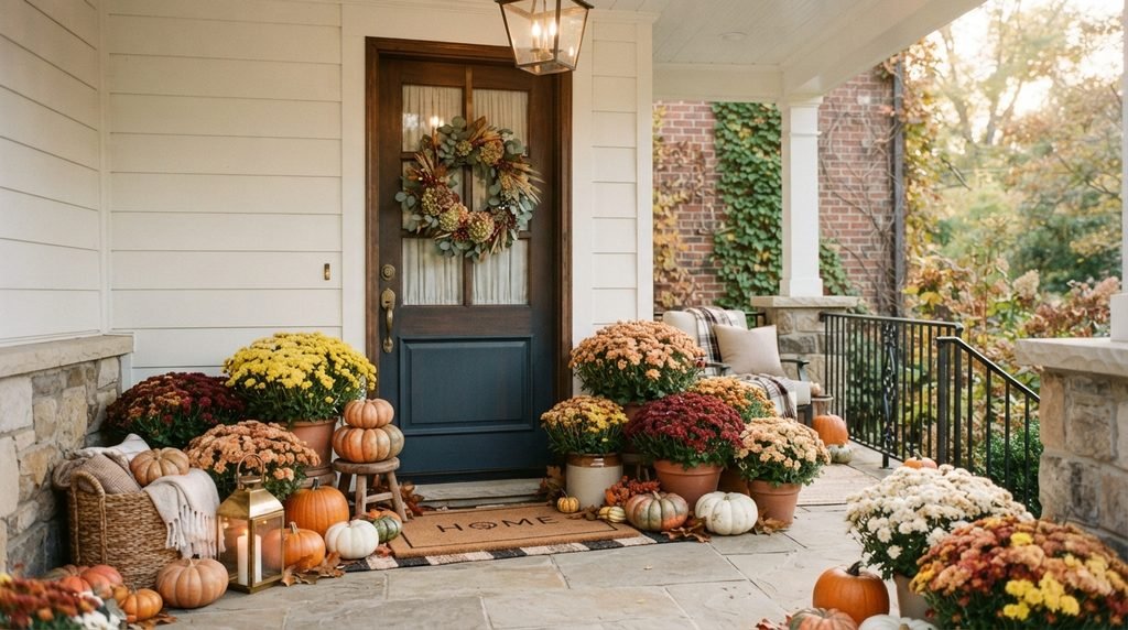 Potted mums decorating a cosy fall front porch
