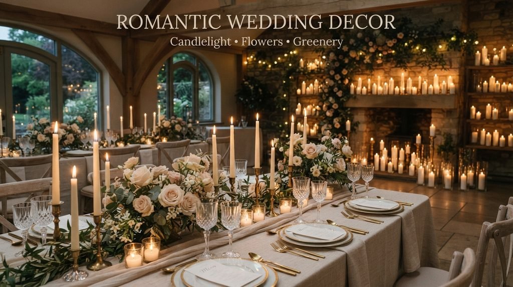 Romantic wedding decor with taper candles, flowers and greenery