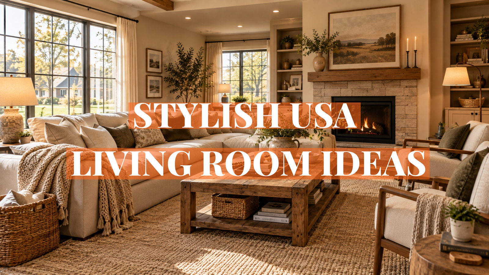 Stylish USA living room with neutral furniture and cozy home decor