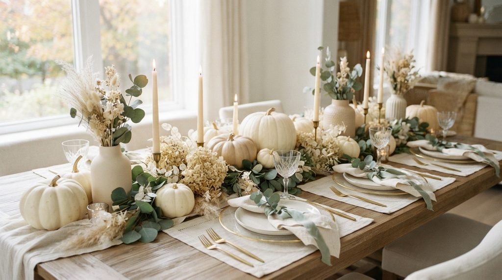 White and neutral pumpkins for a classy fall baby shower
