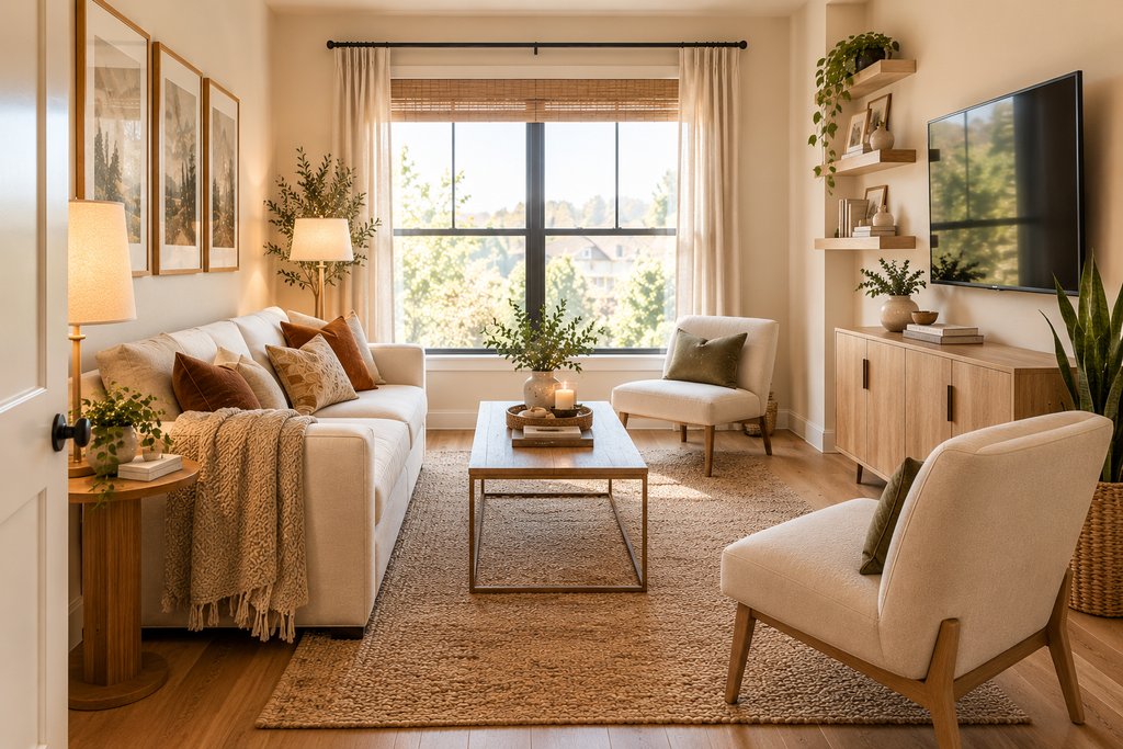 Small living room layout with space-saving furniture and clear walking path