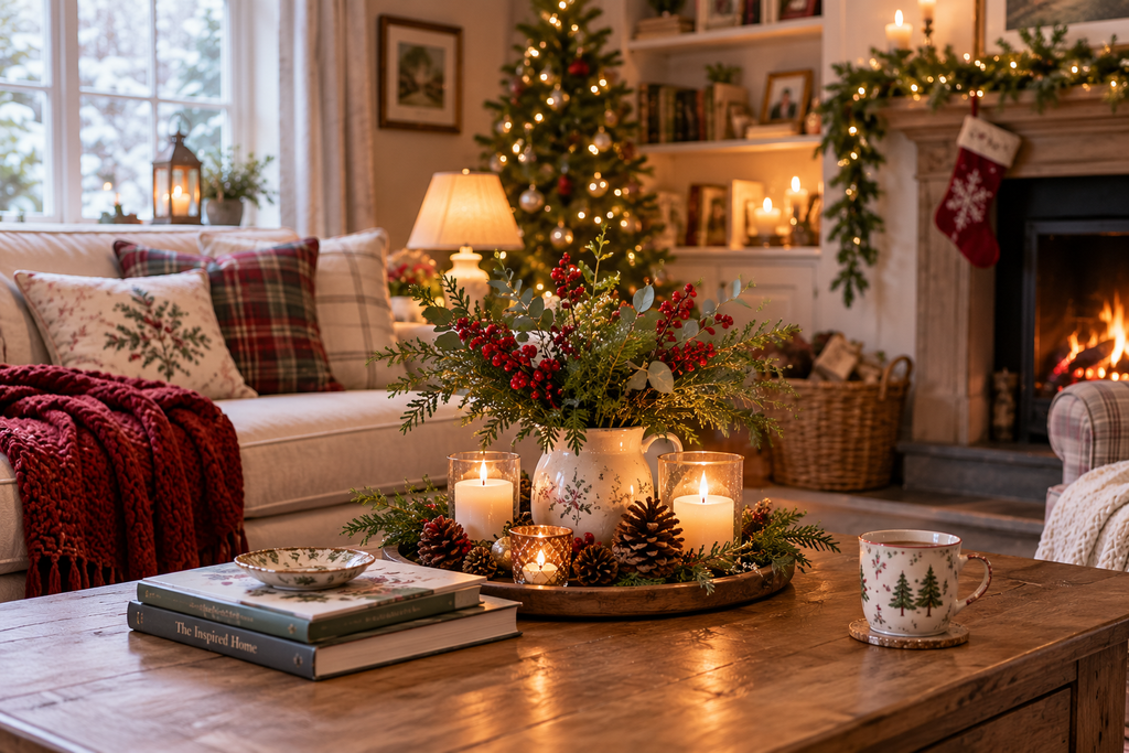 Christmas coffee table decor with greenery, candles and festive ornaments