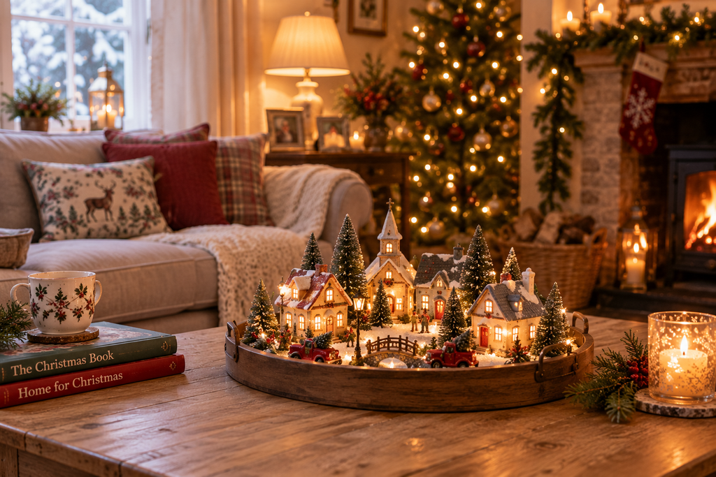 Christmas village centerpiece with miniature houses, trees, and warm LED lights on a wooden tray.