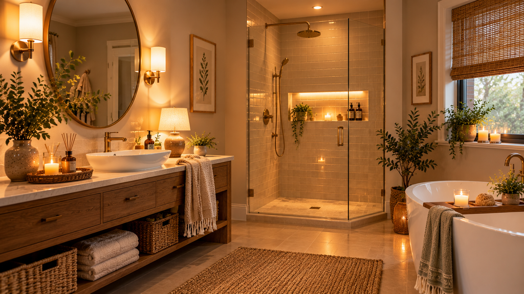 Cozy bathroom with warm lighting, elegant wall lights, candles, and a relaxing spa-style bathtub.