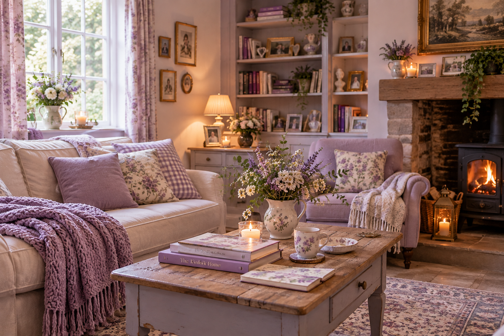 cottage living room with books, flowers, and a soft throw