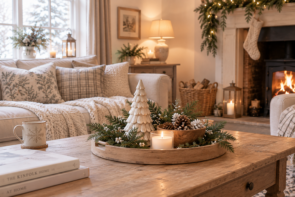 Minimal Christmas coffee table with a ceramic tree, greenery, pinecones, and candle.