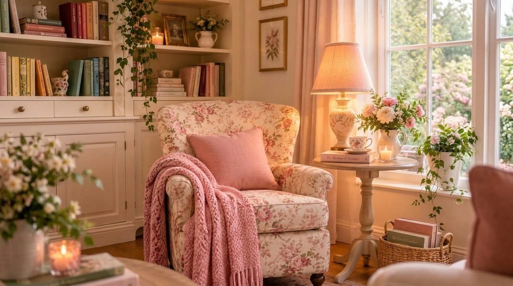 Cozy reading corner with a vintage floral armchair