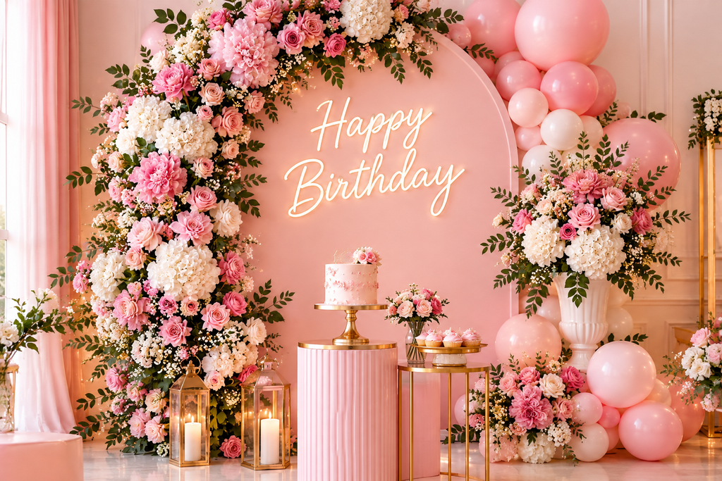 Elegant pink birthday setup with roses, peonies, carnations, white hydrangeas, greenery, balloons, and a decorated dessert table.
