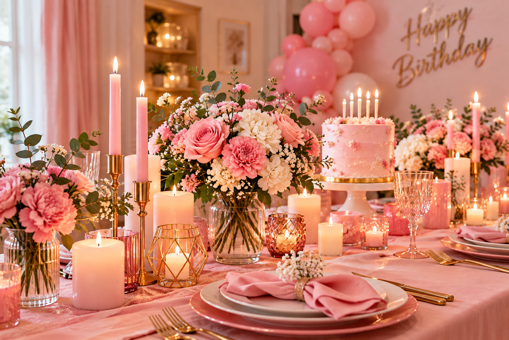 Elegant pink birthday table decorated with candles of different heights, floral arrangements, a pink cake, gold accents, and soft warm lighting.
