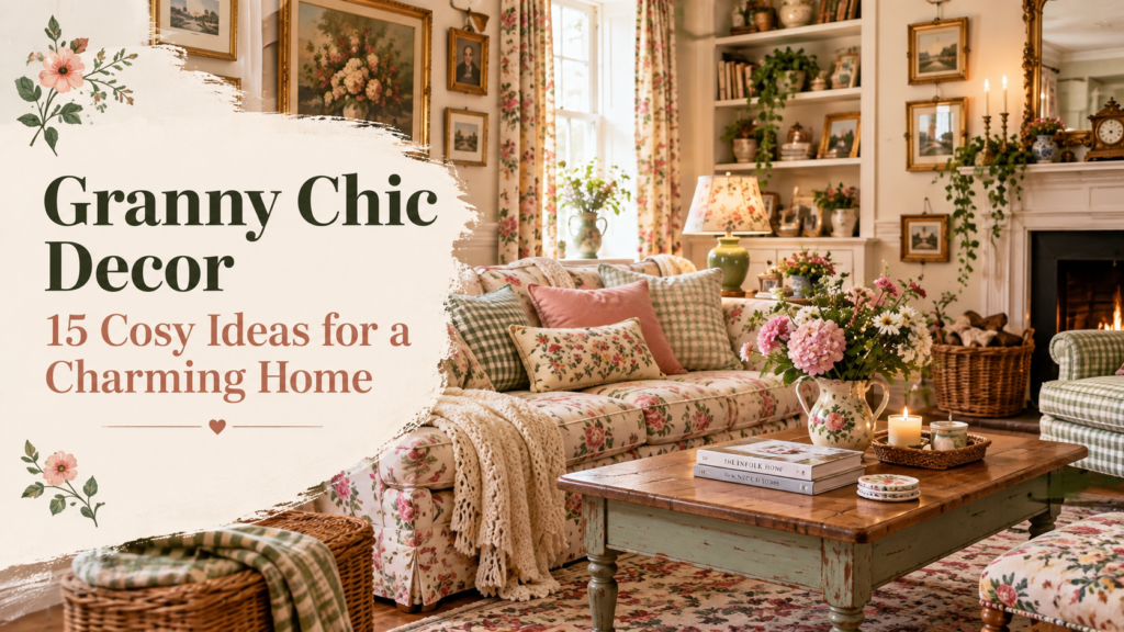 Granny chic decor with floral upholstery, vintage furniture and cosy cushions