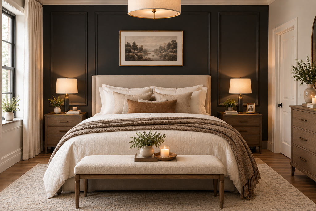 Elegant bedroom with a paneled feature wall, upholstered bed, wooden nightstands, and warm lighting.