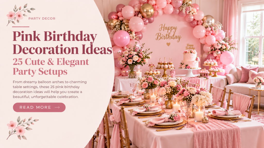 Pink birthday decoration ideas with balloons and party table