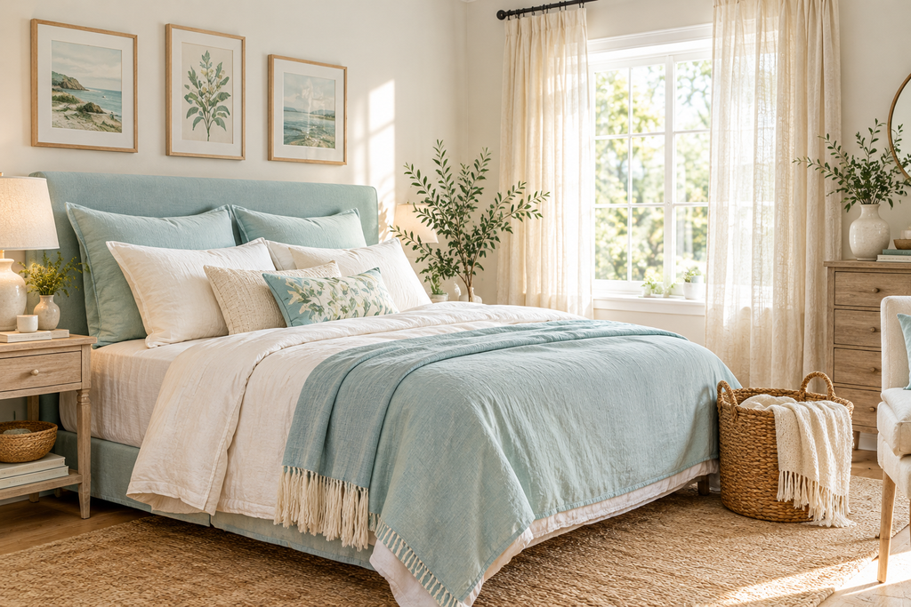 Pale turquoise bedroom with white bedding, linen curtains, natural wood furniture, and woven baskets.