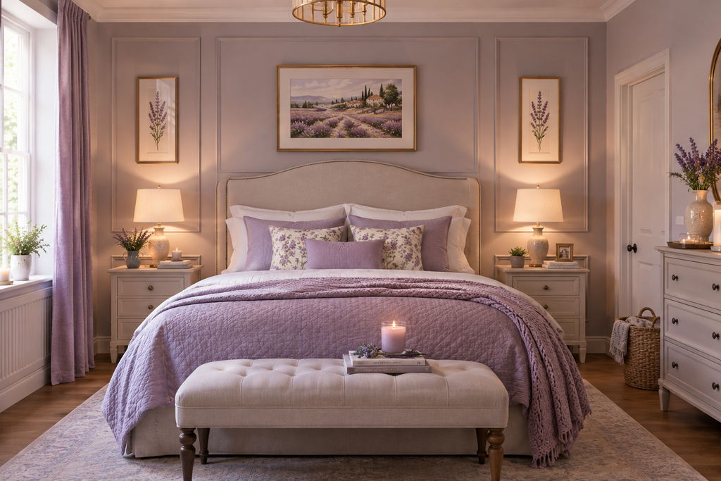 bedroom with elegant wainscoting panels behind the bed and matching bedside lamps.