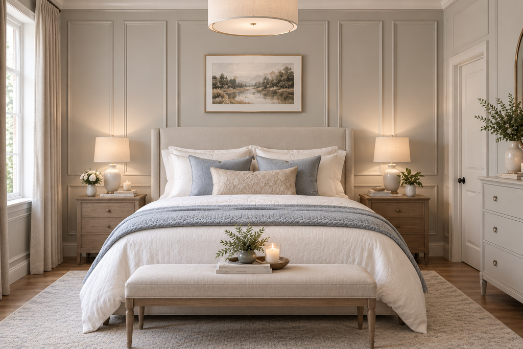 Elegant bedroom with full-height wall panels, upholstered bed, matching bedside tables, and soft lighting.
