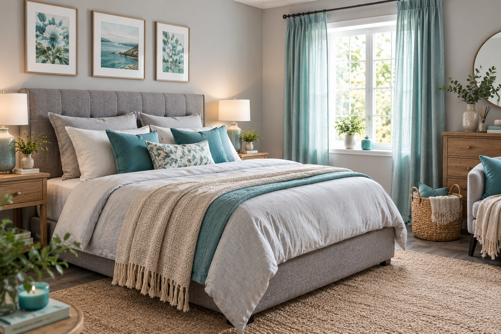 Modern turquoise and grey bedroom with a grey upholstered bed, teal cushions, wooden furniture, and beige accents.