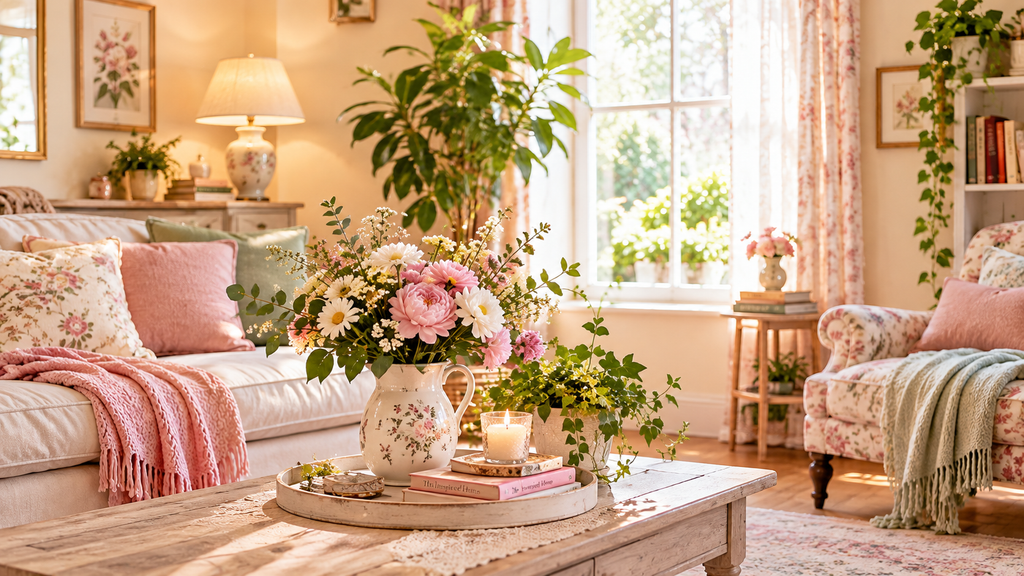 Cozy cottage living room with plants, fresh flowers, decor