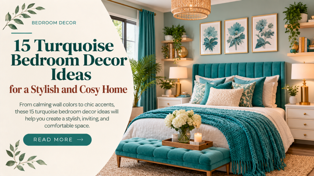 Turquoise bedroom with cozy bedding, teal headboard, and elegant botanical decor.