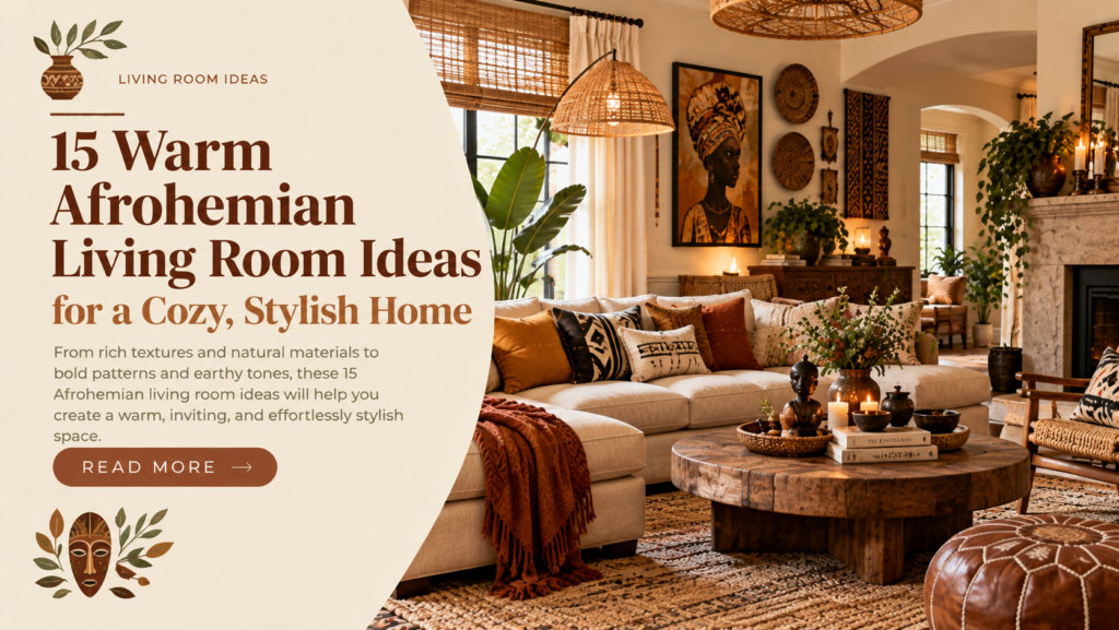 Warm Afrohemian living room with terracotta accents, woven textures and natural wood furniture.