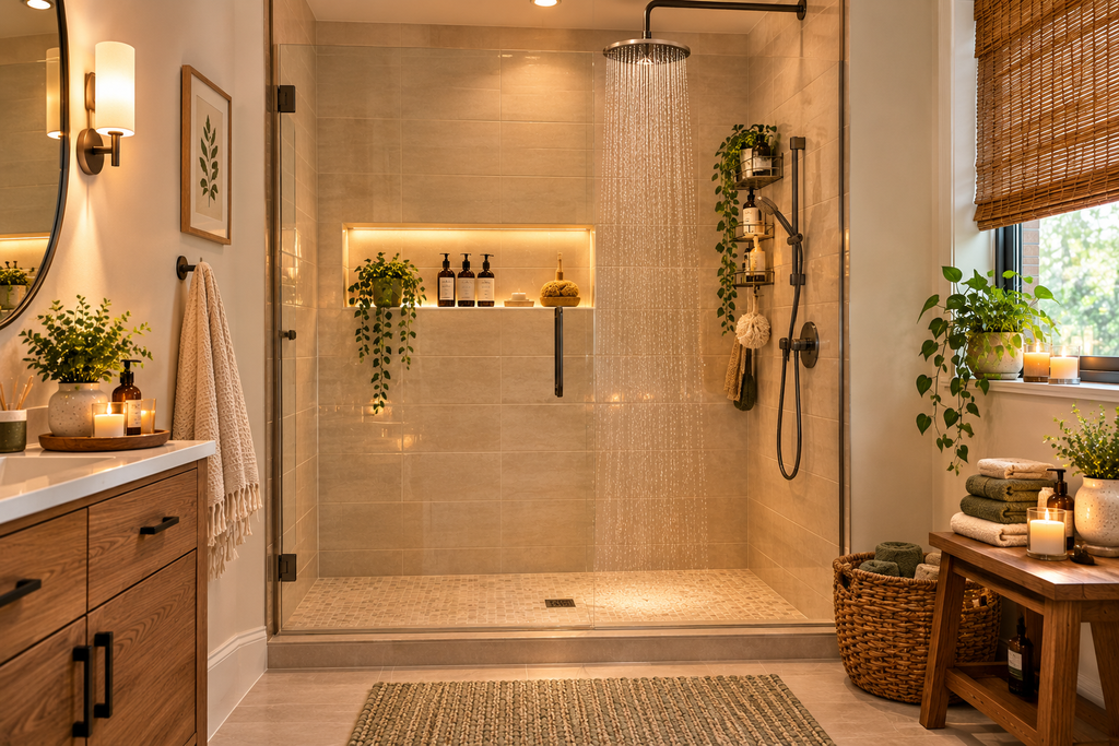 Modern walk-in shower with rainfall showerhead, organised bottles, and stylish bathroom accessories