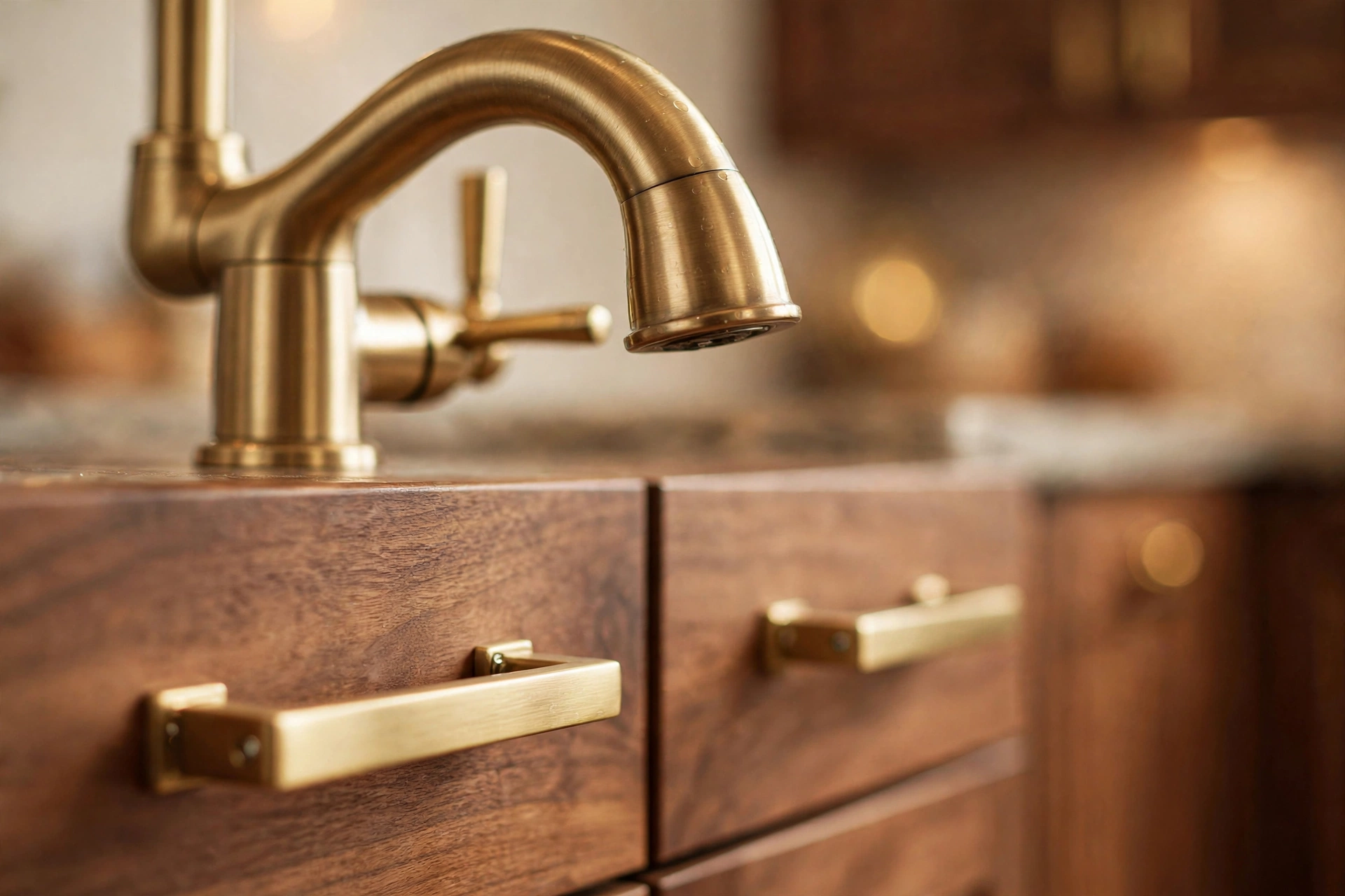 Brushed brass faucet and hardware detail in a brown kitchen