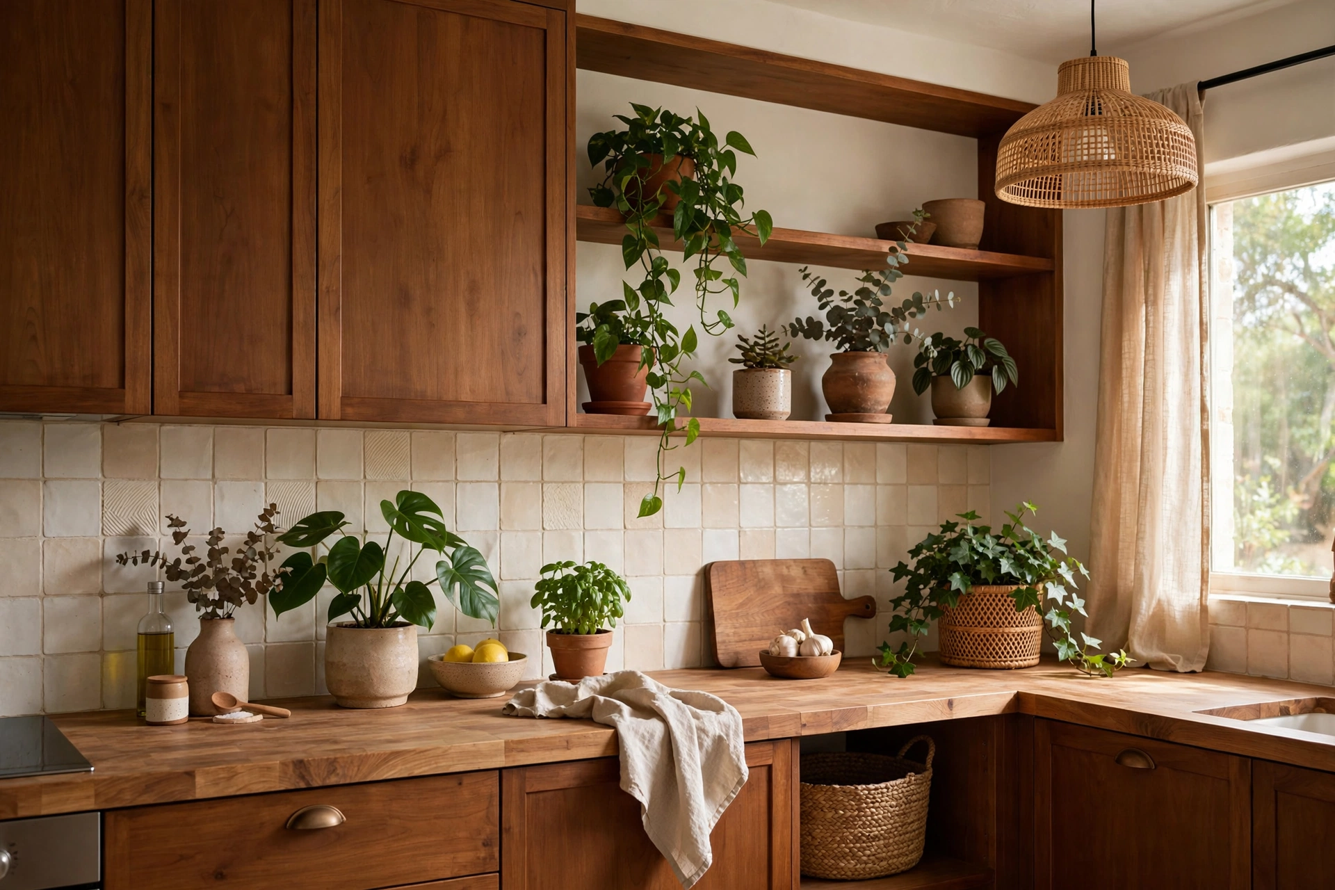 Butcher block countertops in a warm brown kitchen