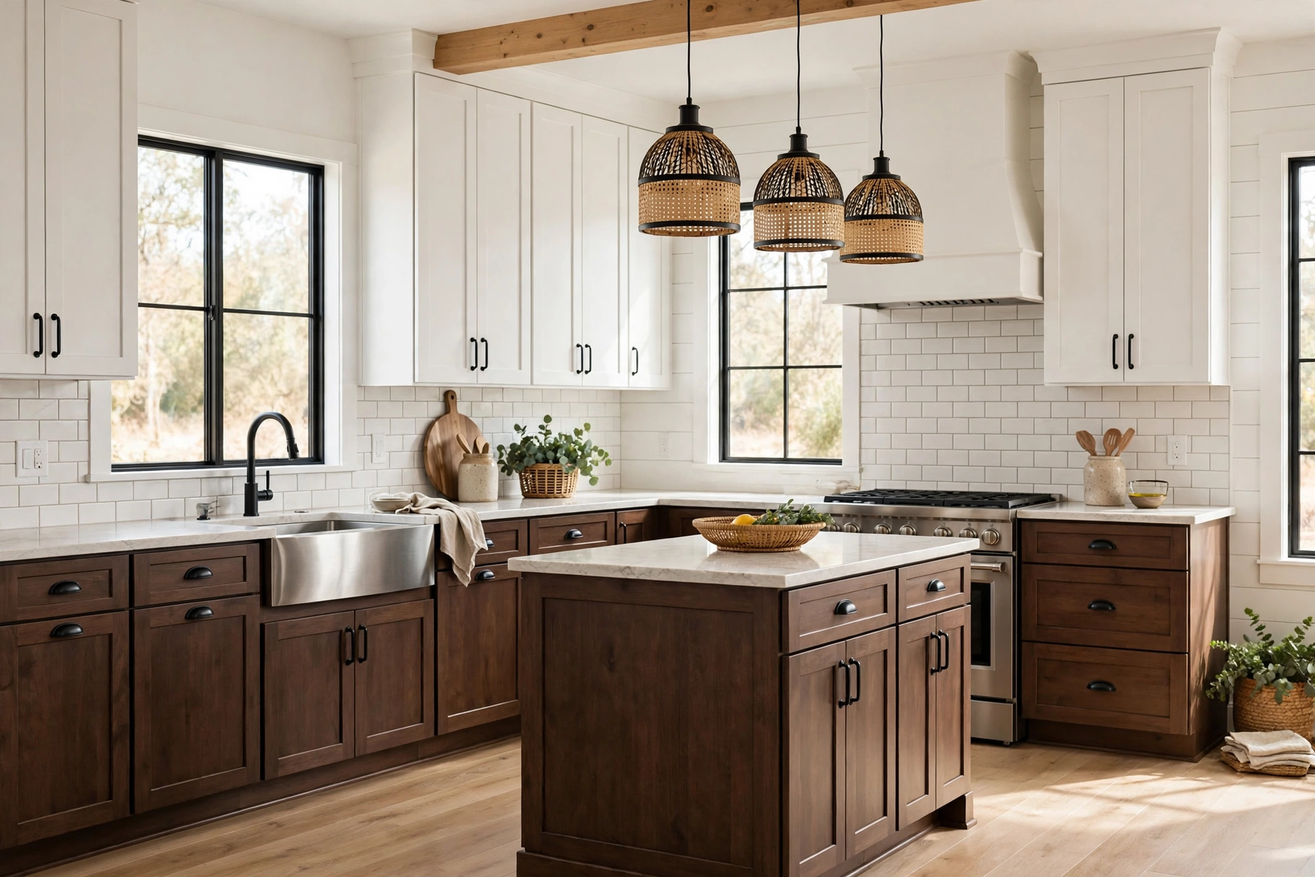 Two-tone kitchen with brown lower cabinets and cream uppers