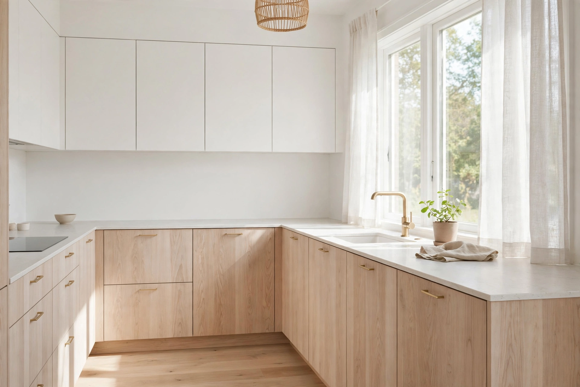 Airy white oak kitchen cabinets with brass hardware