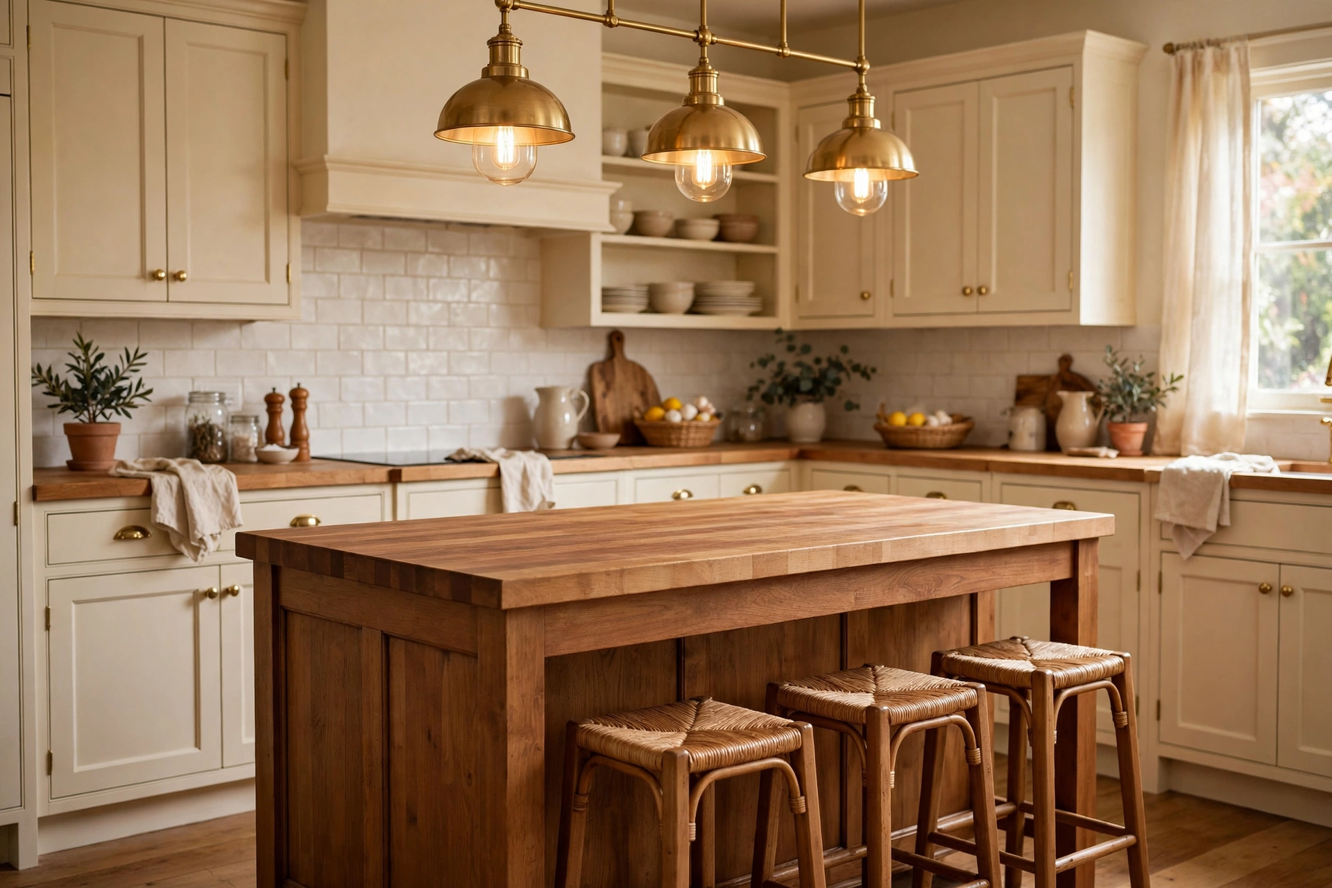 Warm brown kitchen with a wood island and walnut cabinets