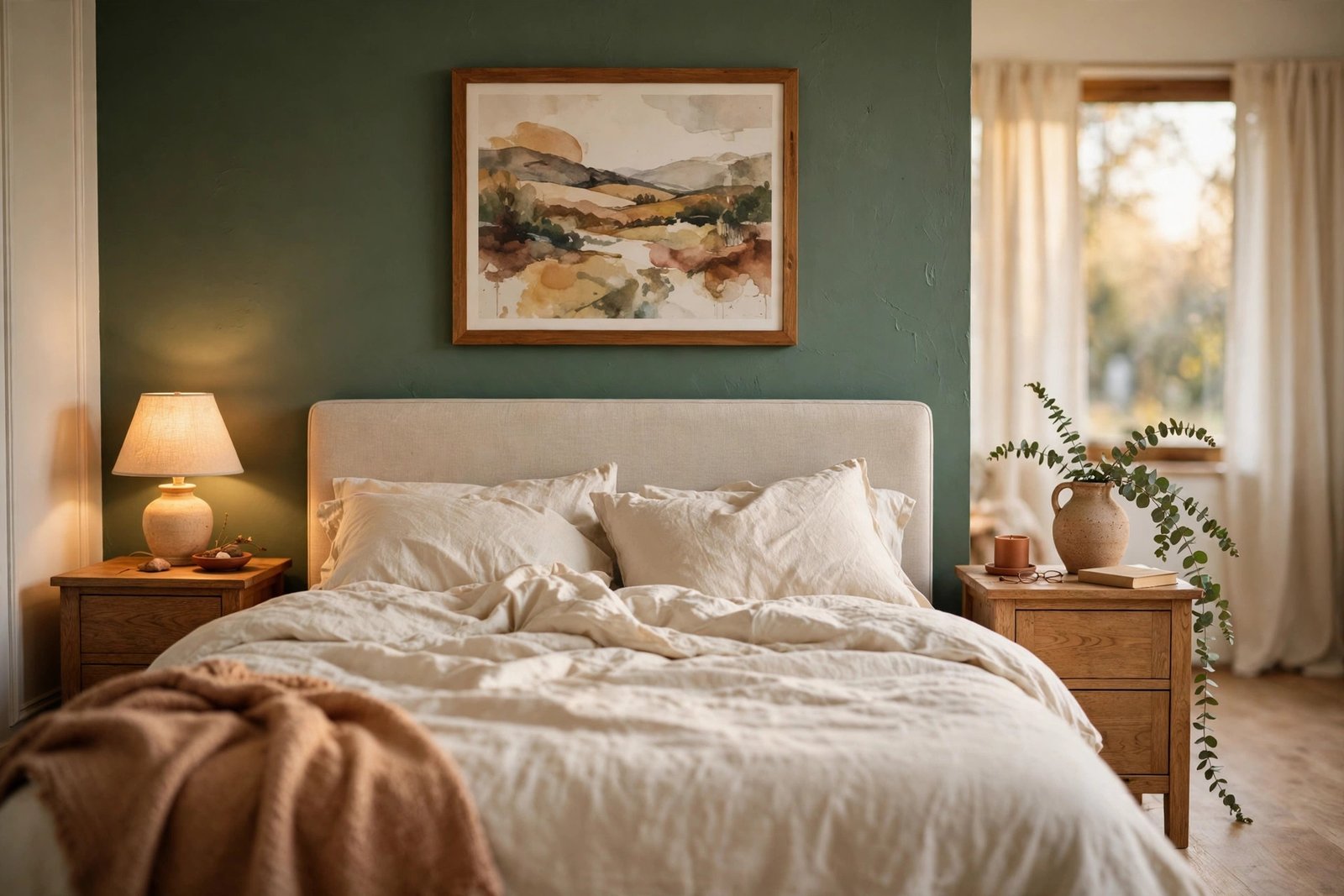 Bedroom with a deep sage green accent wall behind an upholstered headboard bed, a large framed abstract landscape print centered above the headboard, cream linen bedding, and a trailing eucalyptus sprig in a ceramic vase on the nightstand