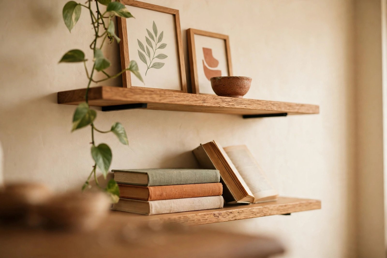 Oak floating shelf on a warm cream bedroom wall styled with two small framed art prints, a handmade ceramic bowl, three stacked clothbound books, an open upright book, and a trailing pothos plant